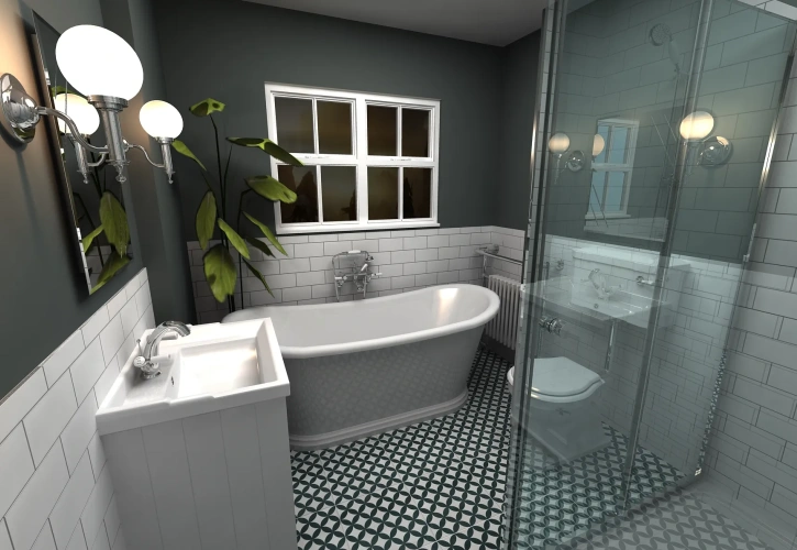 image of 3D CGI bathroom design of a grey freestanding boat bath with shower enclosure, and dark coloured bathroom with pattern flooring